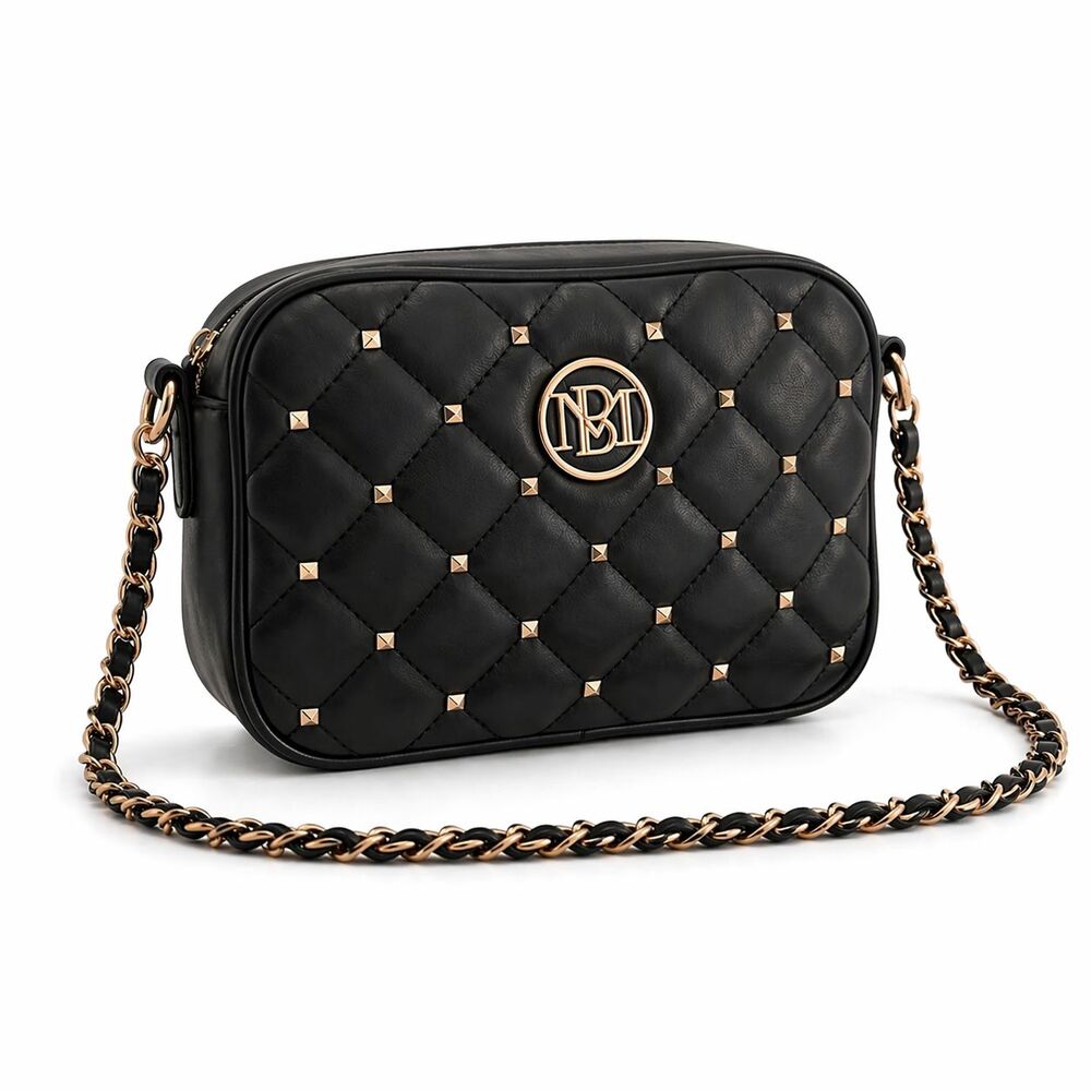Studio Badgley Mischka Crossbody Bag Chain Strap Quilted Small Black Gold Vegan